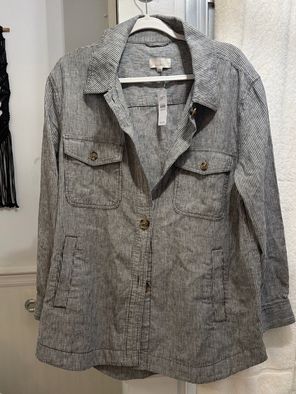 LOFT Gray Pinstripe Utility Jacket with Button Front